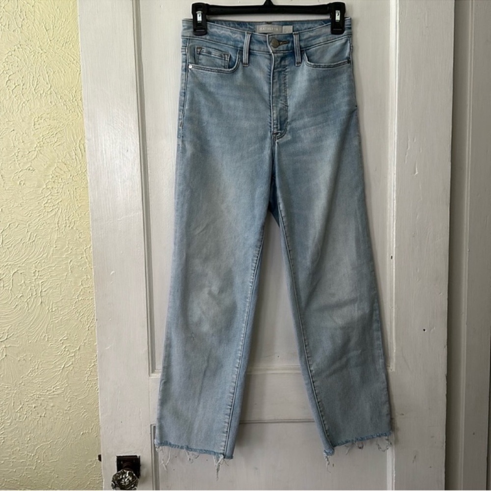 Athleta Light Wash Sculptex Frayed Hem High Rise Straight Leg Denim Jeans